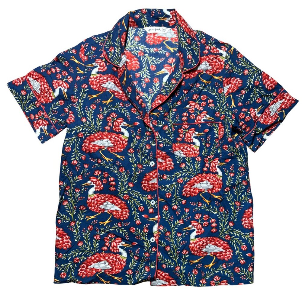 Printfresh Queen Lotus Button Down Pajama Top XS floral bird print navy shirt